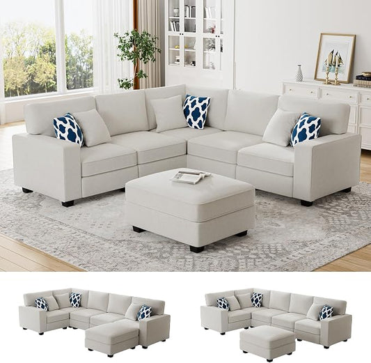 Legend Vansen Oversized Modular Sectional Sofa,U/L‑Shaped Reversible Couch with Ottoman,Deep Seat Plush Polyester Sofa for Living Room,6‑Seater,Cream
