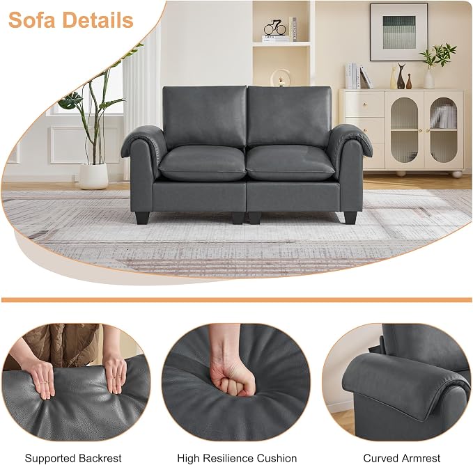 70.5" Faux Leather Modular Sectional Loveseat Sofa, Oversized 2 Seater Upholstered Couch with Curved Armrests, Cloud Modern Deep Seat Love Seat Sofa for Living Room, Grey