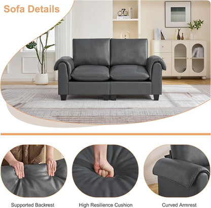 70.5" Faux Leather Modular Sectional Loveseat Sofa, Oversized 2 Seater Upholstered Couch with Curved Armrests, Cloud Modern Deep Seat Love Seat Sofa for Living Room, Grey