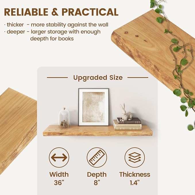 Live Edge Floating Shelves for Wall Decor, Solid Elm Wood Floating Shelves Wall Mounted, Rustic Wall Shelves with Invisible Bracket for Living Room Bathroom Bedroom Kitchen, 36 Inch Set of 2, Natural