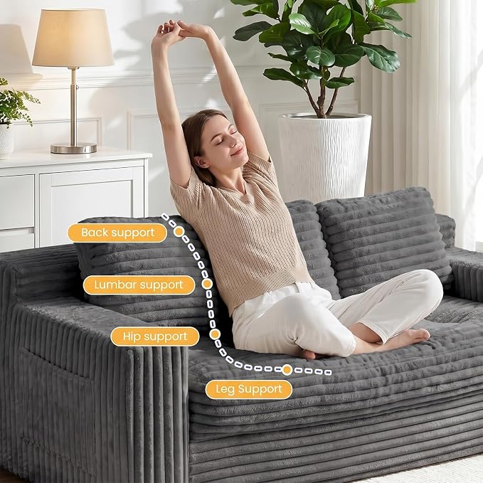 Boneless Couch, Cloud Loveseat Sofa Corduroy Couch in a Box, Upholstered Boneless 3 Seater Couch for Living Room Bedroom Office Apartment, No Assembly Required, Grey