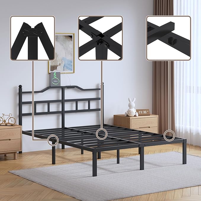 SHOANED Bed Frame with Charging Station - 14 Inch Queen Size Heavy Duty Metal Bedframe with Headboard Black Basic Steel Slats Platform No Box Spring Needed