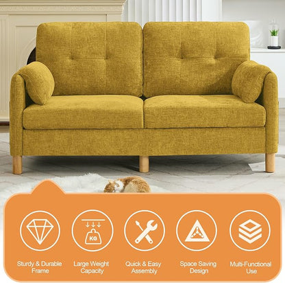 WUTUTUEE 65" Chenille Loveseat Sofa, Modern 2-Seater Love Seat Couch with Armrest Pillows, Storage Pockets, Easy Assembly, Upholstered Tufted Loveseat Couches for Living Room Bedroom, Yellow