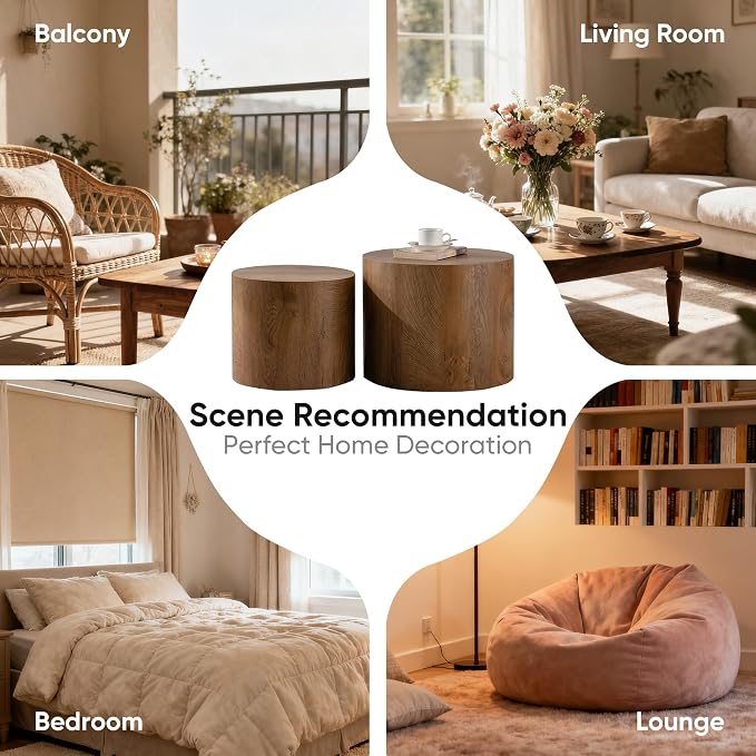 Nesting Round Coffee Table Set of 2, Accent End Table for Small Spaces, Morden Drum Side Table, Wooden Circle Center Table for Living Room, Fully Assembled - Light Walnut