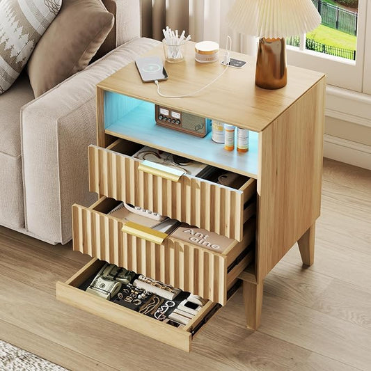 LVSOMT 20“ W Fluted LED Nightstand with Charging Station, RFID Lock, Wood | Bedside Table with Hidden Drawer, 2 Drawers, Open Cubby, Motion Sensor, USB and Type-C Ports, Night Stand for Bedroom