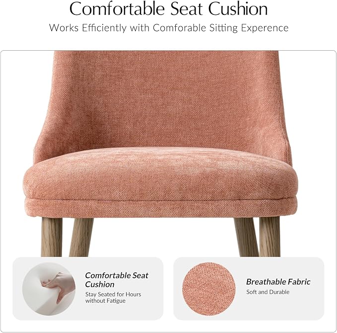 Upholstered Dining Chairs Set of 6, Fabric Dining Room Chairs with Curved Backrest, Solid Wood Legs, Modern Kitchen Chairs for Dining Room Living Room, Coral