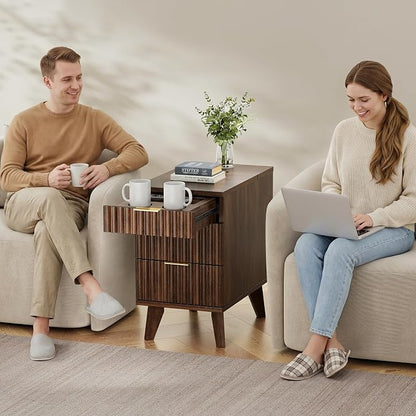 Kalrin Narrow Nightstand with Hidden Outlets & USB Ports, Modern Fluted Bedside Table with 3 Drawers, Engineering Wooden End Tables for Bedroom and Living Room(Vintage Brown)