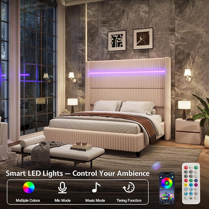 Jocisland Queen Bed Frame Faux-Fur Upholstered 60" Tall Headboard, Beige | Wingback Headboard, LED lights,USB Charging, Noise-free, No box spring needed, easy assembly, for Couples & Guest Room