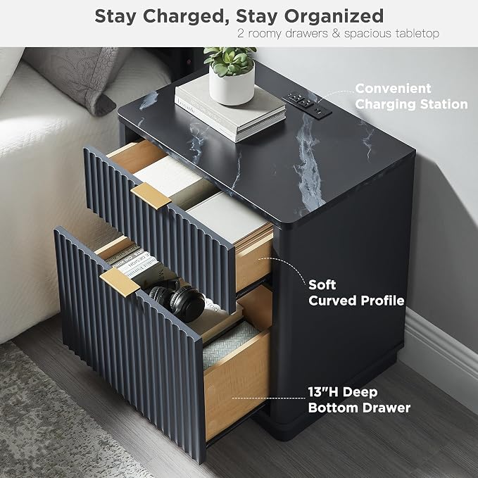 T4TREAM 23'' Fluted Nightstand Set of 2 with Charging Station, Large 2 Drawer Side Table, Modern End Table with Storage, Mid Century Bedside Table for Bedroom, Living Room, Curved Profile, Dark Grey