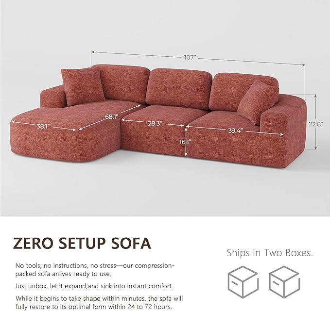 Dowinx 107" Boneless Cloud Couch, Modular Sectional Sofa with Deep Seat & Chaise, No Assembly Sofa-in-Box, Convertible L-Shape for Living Room Apartment, Brownish Red