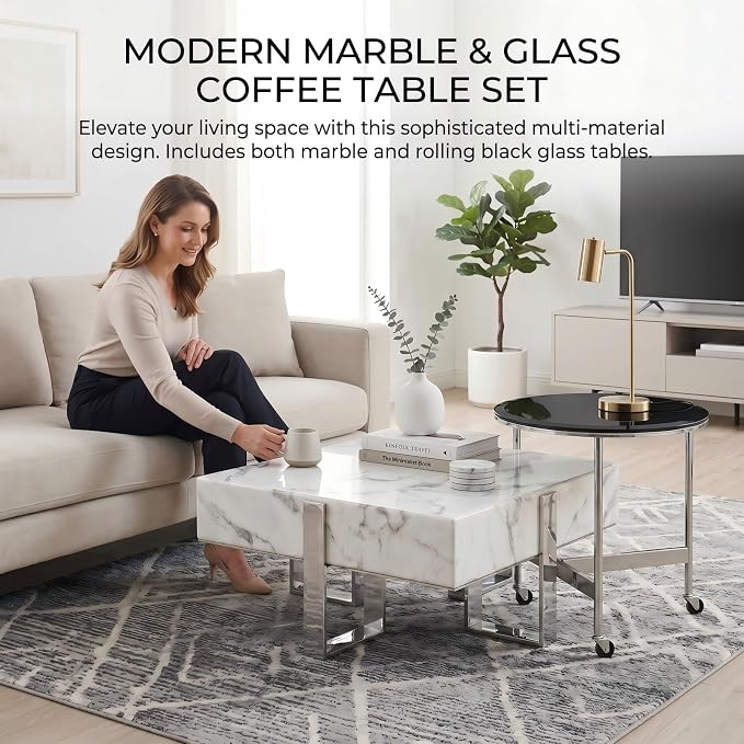 White Faux Marble Coffee End Table Set, 2-Piece Modern Silver Nesting Coffee Table, Square Center Table with Mirrored Chrome Legs for Living Room Apartment