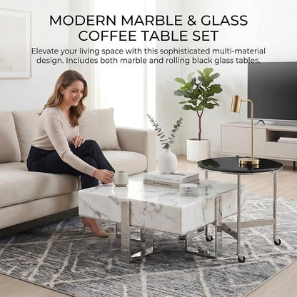 White Faux Marble Coffee End Table Set, 2-Piece Modern Silver Nesting Coffee Table, Square Center Table with Mirrored Chrome Legs for Living Room Apartment