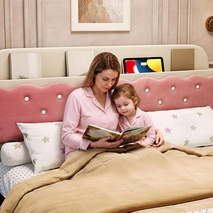 Garvee Girls Full Size Bed, Sandwich Cookie Style Princess Bed Frame, Beige Pink Upholstered with Storage Headboard & 2 Drawers, No Box Spring Needed