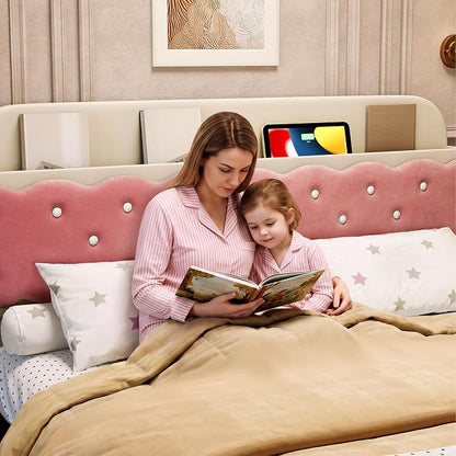 Garvee Girls Full Size Bed, Sandwich Cookie Style Princess Bed Frame, Beige Pink Upholstered with Storage Headboard & 2 Drawers, No Box Spring Needed
