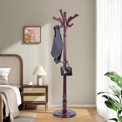 Wooden Coat Rack Free standing, Vintage Coat Rack Stand for Entryway, Adjustable Height 73", Heavy Duty Coat Tree with Solid Round Base for Home Bedroom, Office (Hummingbird)