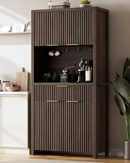 Lulive 71" Fluted Pantry Cabinet with Charging Station, Brown | Adjustable Shelves, Open Countertop, Drawer, Spacious Kitchen Storage