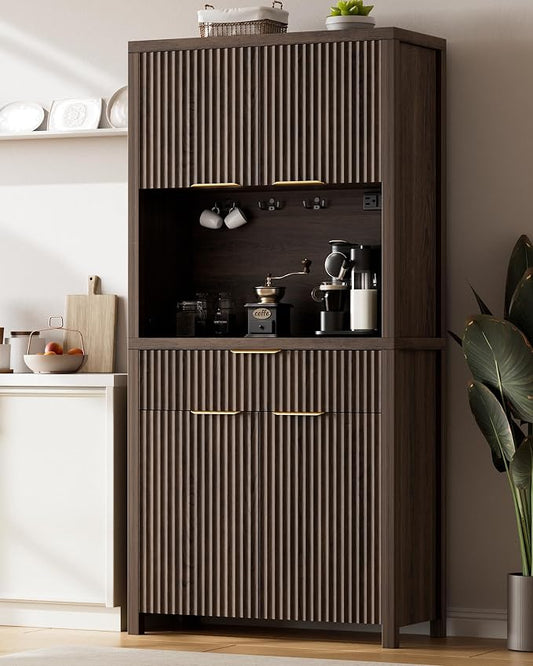 Lulive 71" Fluted Pantry Cabinet with Charging Station, Brown | Adjustable Shelves, Open Countertop, Drawer, Spacious Kitchen Storage