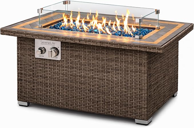 SereneLife Outdoor Propane Fire Pit Table, 50,000 BTU Wicker Gas Firepit with Tile Tabletop, with Glass Wind Guard and Decorative Glass Stones, CSA Certified, Weatherproof Cover, 43"x27"x25"