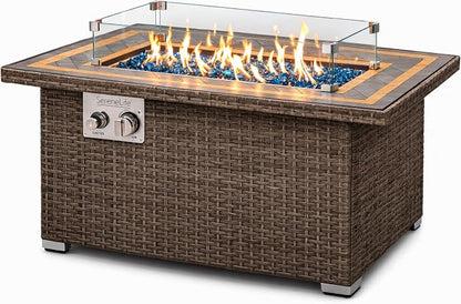 SereneLife Outdoor Propane Fire Pit Table, 50,000 BTU Wicker Gas Firepit with Tile Tabletop, with Glass Wind Guard and Decorative Glass Stones, CSA Certified, Weatherproof Cover, 43"x27"x25"
