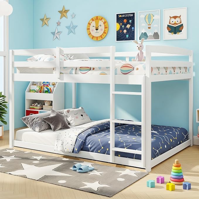 Giantex Full Over Full Bunk Bed, Solid Wood Kids Bunk Bed with Full-Length Guardrails, Integrated Ladder & Anti-Tippling Kits, Low Bunk Beds for Kids, No Box Spring Needed, White