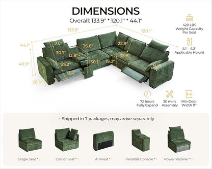 Oversized Modular Sectional Sofa with Double Power Recliner, Cloud Reclining Couch with Headrest, Storage Drawer Charging Cup Holders, Deep L-Shaped 6 Seater with Corner, Chenille, Green