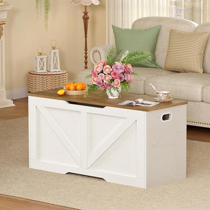 usikey 39.4" Storage Chest, Toy Box with 2 Safety Hinges, Lift Top Wooden Toy Chest, Storage Bench, for Living Room, Bedroom, Entryway, White+Honey Brown