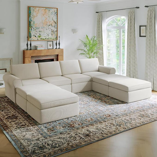 Novilla 138" Modular Sectional Sofa, Modular Sectional Couches for Living Room, Chenille Removable Cover Cloud Couch with Smarts Coil® Support U-Shaped Boneless Couch(Beige, 4 Seater + 4 Ottoman)