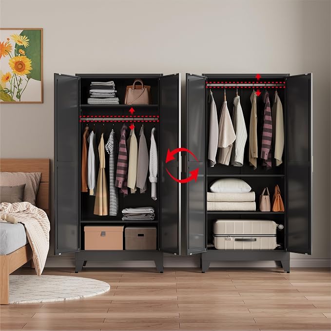 Metal armoire Wardrobe Closet with Hanging Rod,71'' Metal Wardrobe Cabinet with 2 Doors and 2 Adjustable Shelves, Bedroom armoires,Laundry Room cabinets,armario de ropa Closet
