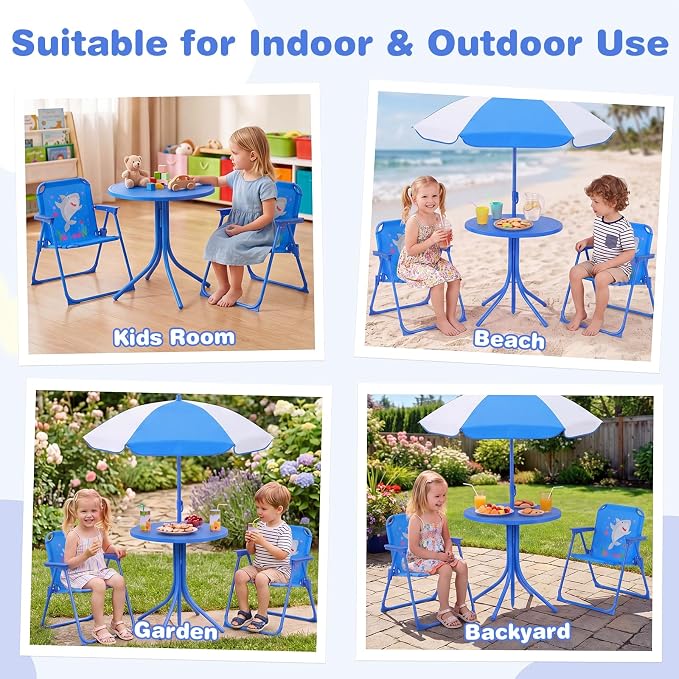 Costzon Kids Picnic Table, Kids Outdoor Table with 2 Folding Chairs, Height Adjustable Umbrella, Portable Children Outdoor Furniture for Patio, Garden, Backyard (Blue Ocean)