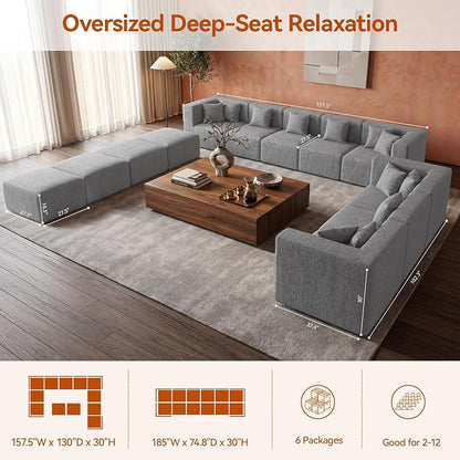 MONVANE Modular Sectional Sofa, Oversized 12 Seat Convertible U Shaped Couch with Ottoman, Comfy Chenille Cloud Couch with Pillow, Sectional Couches for Living Room, No Assembly Required, Light Grey