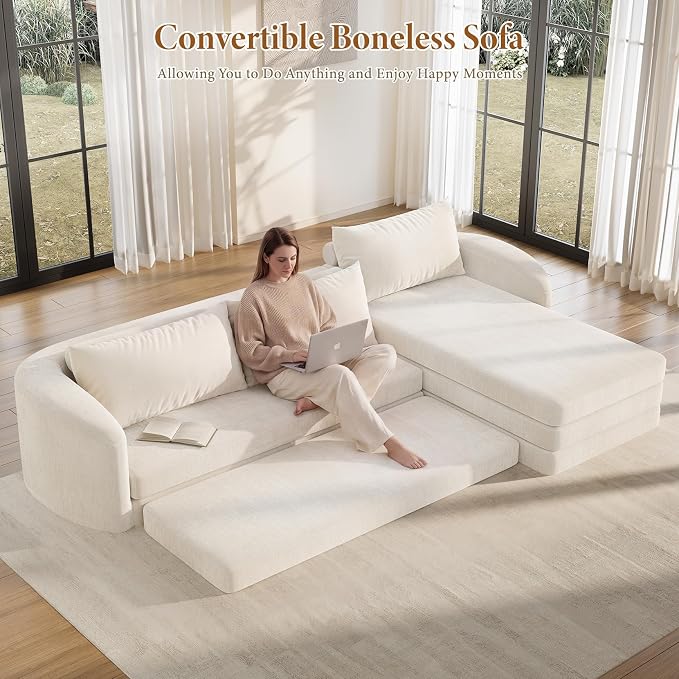 Vesgantti 110.2" Boneless Sectional Couch with Curved Armrest, 6 in 1 Convertible Folding Sleeper Sofa Bed, Chenille Modular Sofa for Living Room, No Assembly Required, Beige, Right Facing Chaise