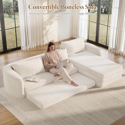 Vesgantti 110.2" Boneless Sectional Couch with Curved Armrest, 6 in 1 Convertible Folding Sleeper Sofa Bed, Chenille Modular Sofa for Living Room, No Assembly Required, Beige, Right Facing Chaise