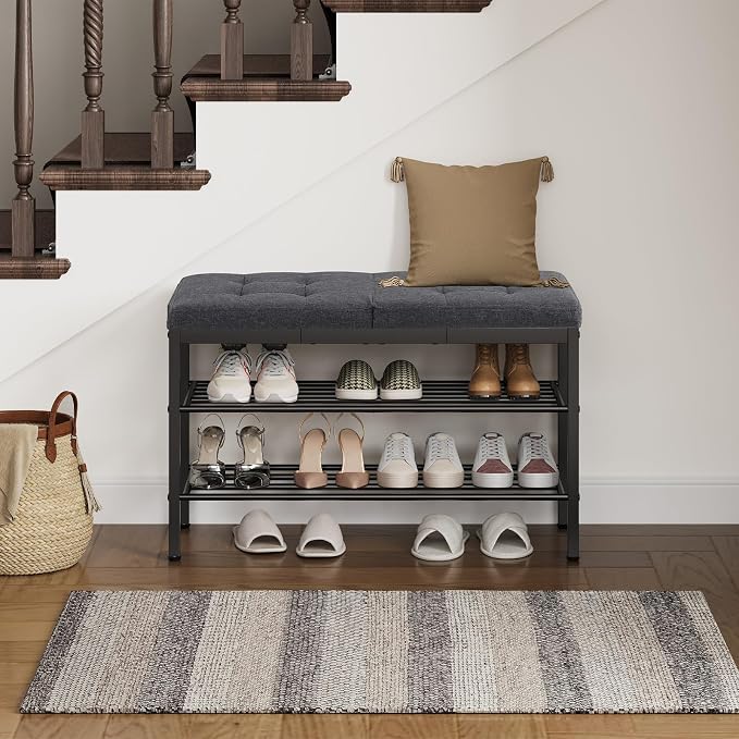 HOOBRO Shoe Bench, Storage Bench with Cushion, Entryway Bench Shoe Shelf with Seat, 12 x 29.5 x 18.1 Inches, Shoe Rack for Living Room, Bedroom, Hallway, Dark Gray BGZ95HX01
