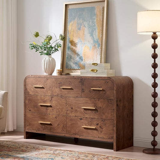 Curved 7 Drawer Dresser for Bedroom, 53.82'' Wide Chest of Drawers, Modern Storage Cabinet for Hallway & Living Room TV Stand, FSC Certified 1.18" Thick Board, 100 lbs Top Weight, Dark Burl