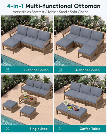 SERWALL Outdoor Ottoman with Cushions for Sofa Set, Brown HDPE Frame with Gray Cushions