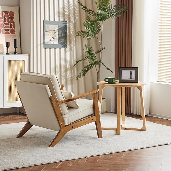 Karl home Mid-Century Lounge Accent Chair, Beige | Wide Curved Armrest, Linen Fabric, Lumbar Pillow Included, Solid Wood Frame, For Living Room, Bedroom, Balcony, Apartment