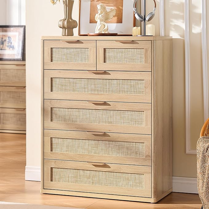 LEYAOYAO Rattan Dresser for Bedroom, 41" Tall Chest of Drawers, Modern 6 Drawers Boho Dressers with Storage, Light Oak Dresser Wooden Closet Organizer for Living Room, Hallway, Natural Wood