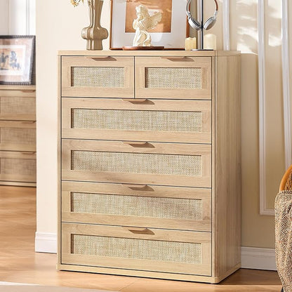 LEYAOYAO Rattan Dresser for Bedroom, 41" Tall Chest of Drawers, Modern 6 Drawers Boho Dressers with Storage, Light Oak Dresser Wooden Closet Organizer for Living Room, Hallway, Natural Wood