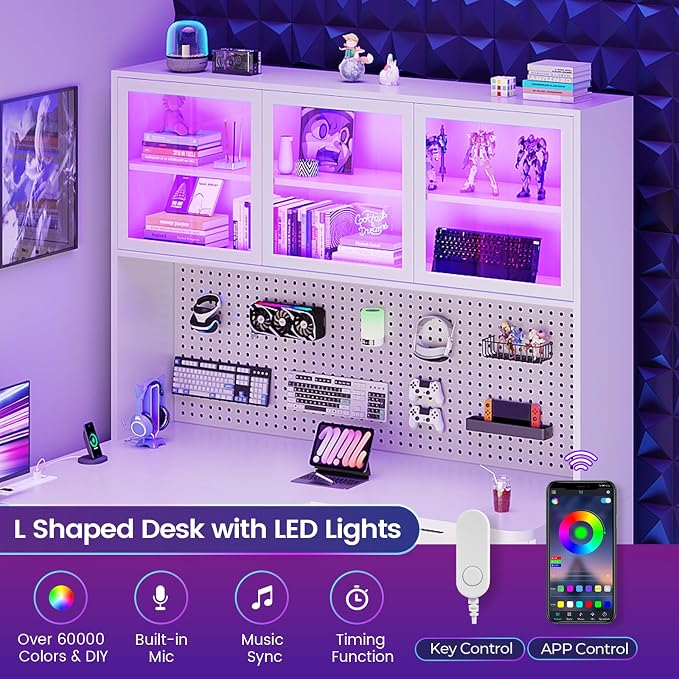 SEDETA L Shaped Computer Desk, L Shaped Corner Gaming Desk with 3 Wood Drawer and Large Bookshelf, Home Office Desk with LED Light, Display Cabinet and Pegboard, 27.5" W Large Desktop Table, White