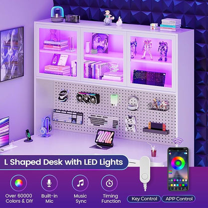 SEDETA L Shaped Computer Desk, L Shaped Corner Gaming Desk with 3 Wood Drawer and Large Bookshelf, Home Office Desk with LED Light, Display Cabinet and Pegboard, 27.5" W Large Desktop Table, White