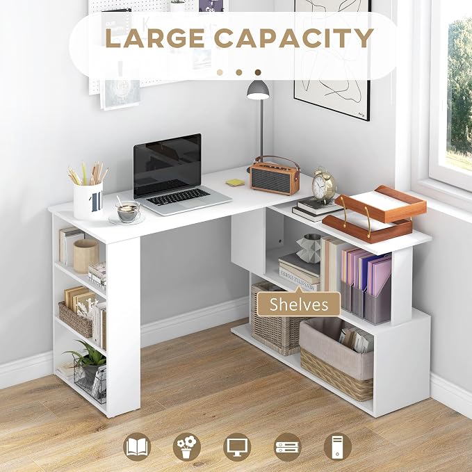 HOMCOM 47 Inch L Shaped Desk, Corner Computer Desk, 360 Degree Rotating Home Office Desk with Storage Shelves, Writing Table Workstation, White