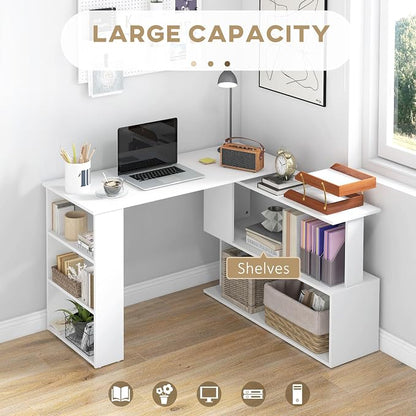 HOMCOM 47 Inch L Shaped Desk, Corner Computer Desk, 360 Degree Rotating Home Office Desk with Storage Shelves, Writing Table Workstation, White