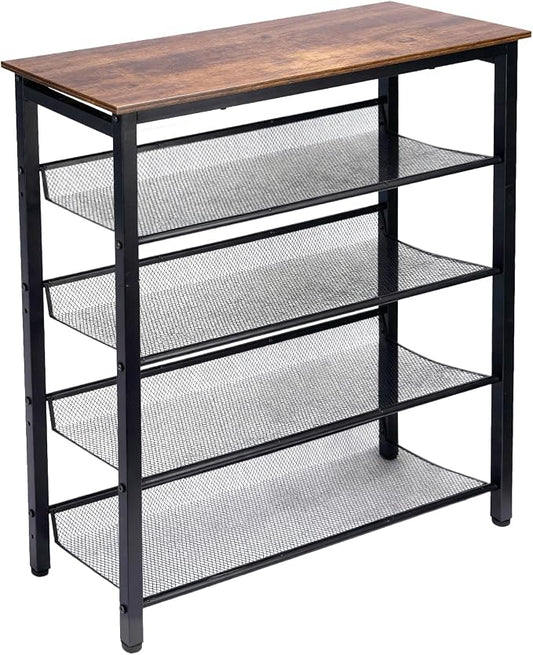 5-Tier Shoe Rack, Tall Industrial Shoe Organizer with Metal Mesh Shelves, Free-Standing Storage Rack for Entryway, Closet, or Bedroom, Rustic Brown and Black