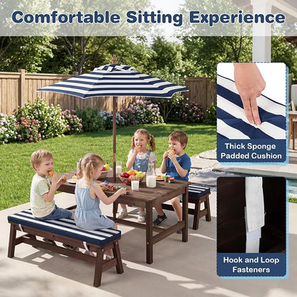 Costzon Kids Picnic Table, Fir Wood Toddler Outdoor Table & Bench Set w/Removable Umbrella & Cushions, Stripe Fabric, Kids Outdoor Furniture for Patio Backyard Garden, Fits 4 Children Age 3+ (Blue)