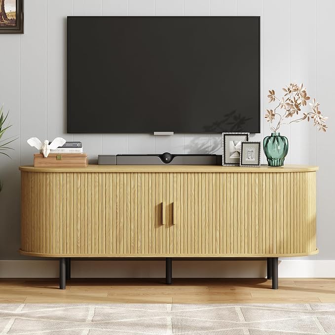 ONBRILL 63" TV Stand with Power Outlet for TVs up to 70 Inch, Entertainment Center with Storage and Adjustable Shelves, Modern Media Console with Sliding Doors for Living Room, Oak