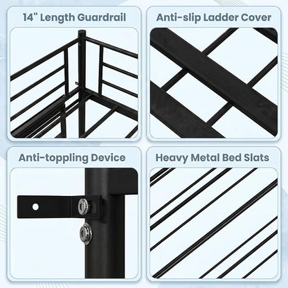 Bunk Bed,Bunk Bed Twin Over Twin with Power Outlet and LED Lights,Heavy-Duty Safety Metal Rails Ladder,Space-Saving Design with Storage Hooks,440lbs Capacity,Black