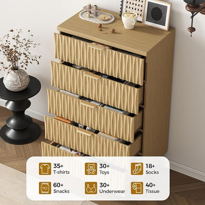 Dresser for Bedroom, 47" Wide 5 Drawer Dresser, Modern Wood Chest of Drawers for, Bedroom, Living Room, Entryway, Natural