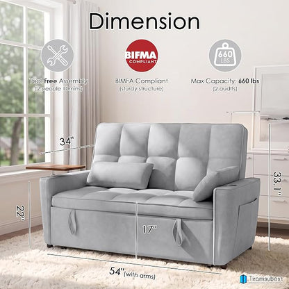 54'' Sleeper Sofa Bed, Convertible Pull Out Couch Futon for for Living Room,Apartment (Midgrey) Side Desk, USB Ports, Cup Hold, Velvet Fabric, Adjustable Backrest, Easy Assembly
