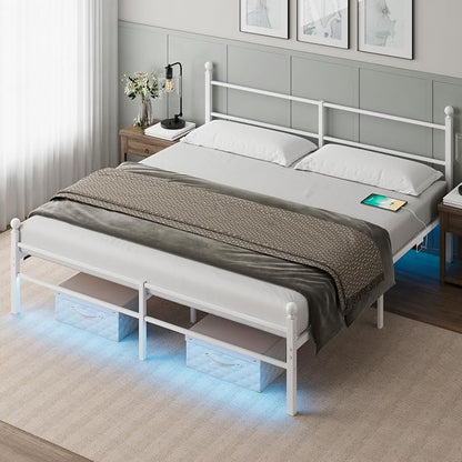 King Size Bed Frame with Headboard - Metal Platform Bed with LED Lights, Charging Station, Under Bed Storage and Heavy Duty Steel Slats Support - No Box Spring Needed, Easy Assembly, White