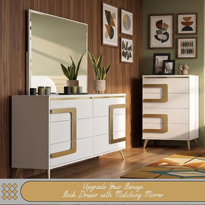 Kings Brand Furniture Claire 6-Piece Queen Size Bedroom Set - Bed with LED Headboard, Dresser, Mirror, Chest and 2 Nightstands, White/Gold